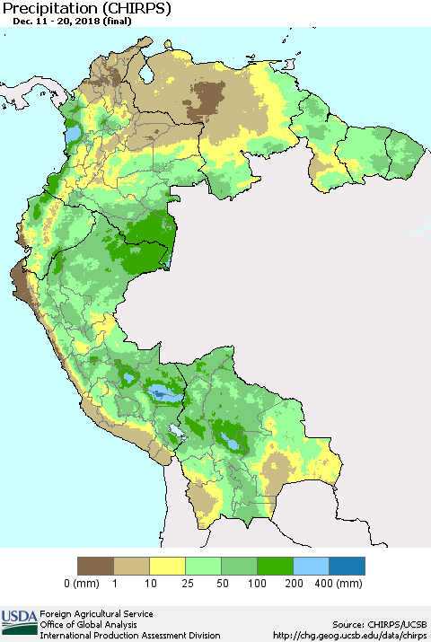 Northern South America Precipitation (CHIRPS) Thematic Map For 12/11/2018 - 12/20/2018