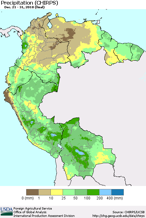 Northern South America Precipitation (CHIRPS) Thematic Map For 12/21/2018 - 12/31/2018