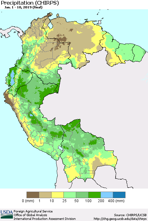 Northern South America Precipitation (CHIRPS) Thematic Map For 1/1/2019 - 1/10/2019