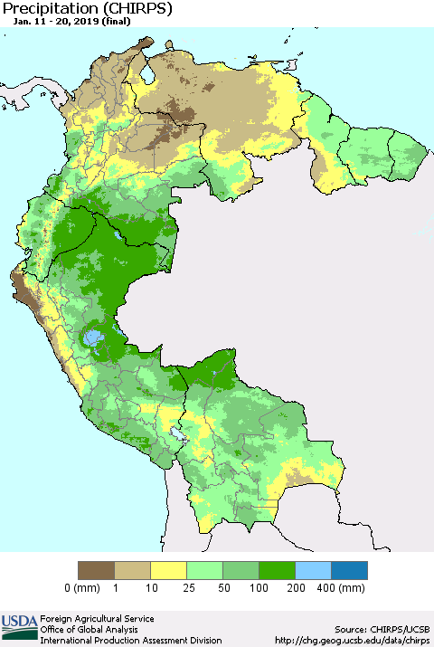 Northern South America Precipitation (CHIRPS) Thematic Map For 1/11/2019 - 1/20/2019