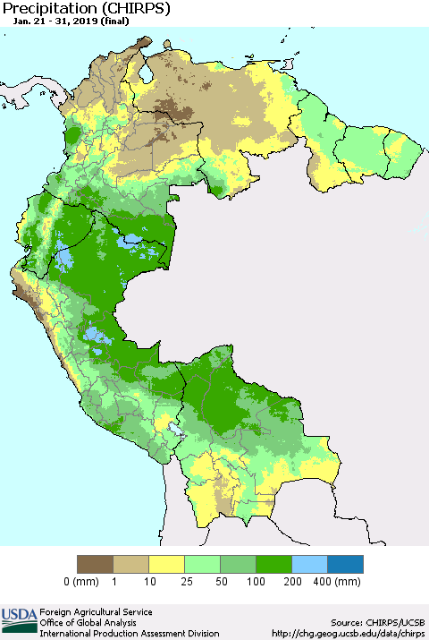 Northern South America Precipitation (CHIRPS) Thematic Map For 1/21/2019 - 1/31/2019