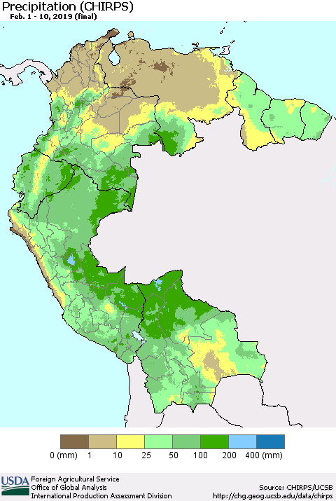 Northern South America Precipitation (CHIRPS) Thematic Map For 2/1/2019 - 2/10/2019