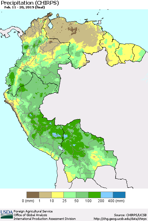 Northern South America Precipitation (CHIRPS) Thematic Map For 2/11/2019 - 2/20/2019