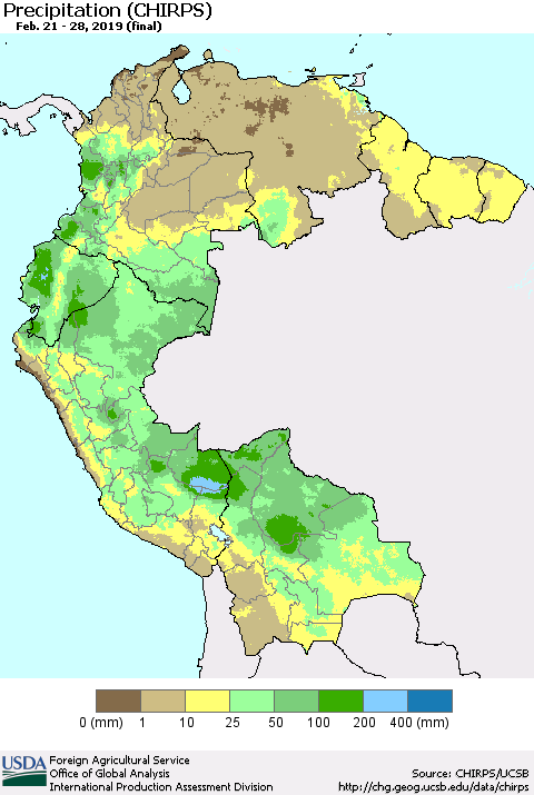 Northern South America Precipitation (CHIRPS) Thematic Map For 2/21/2019 - 2/28/2019