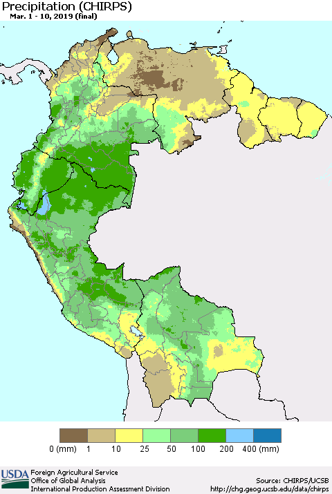 Northern South America Precipitation (CHIRPS) Thematic Map For 3/1/2019 - 3/10/2019