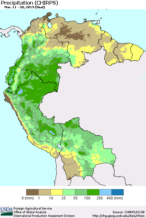 Northern South America Precipitation (CHIRPS) Thematic Map For 3/11/2019 - 3/20/2019