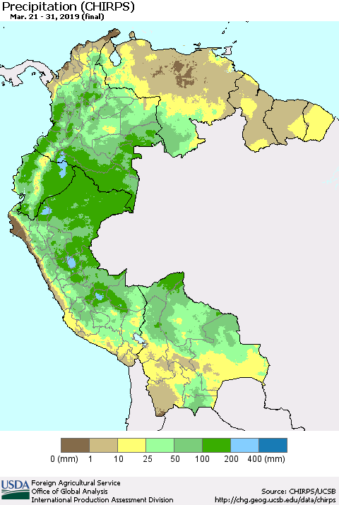 Northern South America Precipitation (CHIRPS) Thematic Map For 3/21/2019 - 3/31/2019