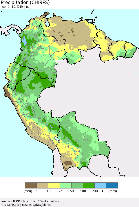 Northern South America Precipitation (CHIRPS) Thematic Map For 4/1/2019 - 4/10/2019