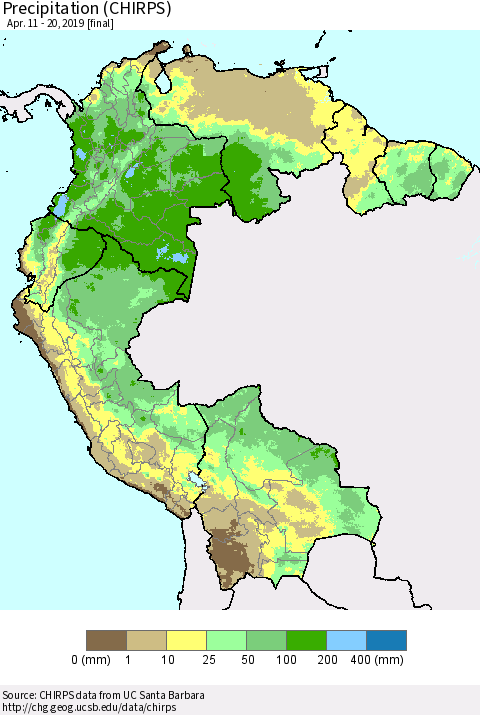 Northern South America Precipitation (CHIRPS) Thematic Map For 4/11/2019 - 4/20/2019