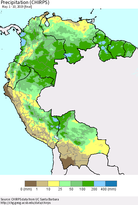 Northern South America Precipitation (CHIRPS) Thematic Map For 5/1/2019 - 5/10/2019