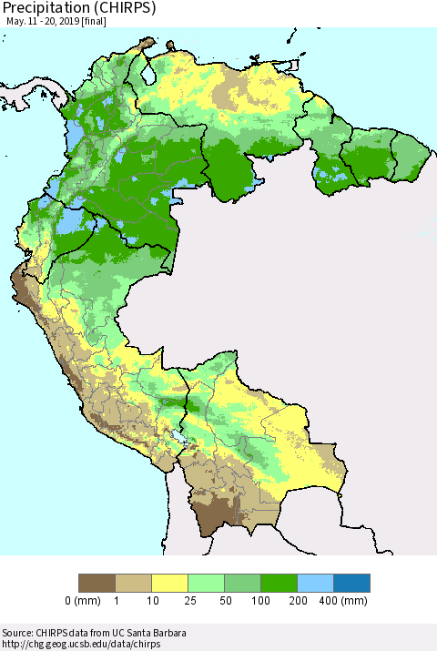 Northern South America Precipitation (CHIRPS) Thematic Map For 5/11/2019 - 5/20/2019
