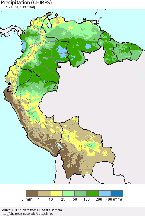 Northern South America Precipitation (CHIRPS) Thematic Map For 6/21/2019 - 6/30/2019