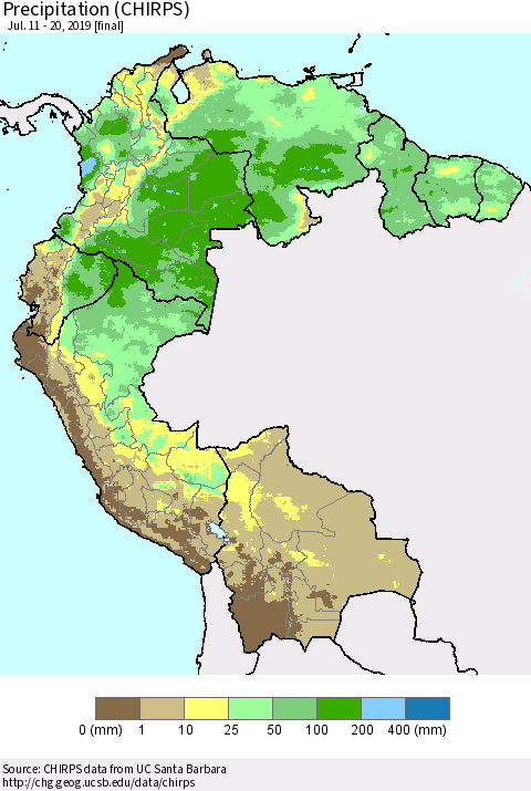 Northern South America Precipitation (CHIRPS) Thematic Map For 7/11/2019 - 7/20/2019
