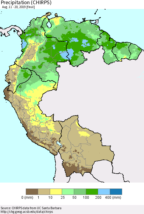 Northern South America Precipitation (CHIRPS) Thematic Map For 8/11/2019 - 8/20/2019