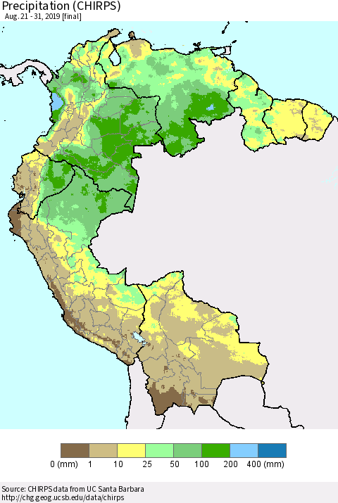 Northern South America Precipitation (CHIRPS) Thematic Map For 8/21/2019 - 8/31/2019