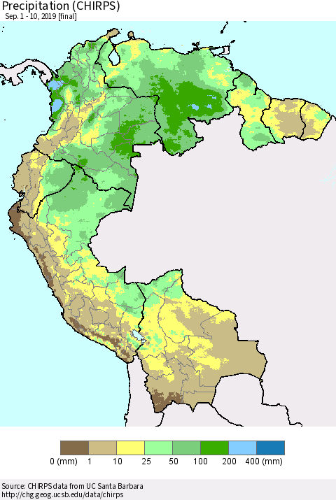 Northern South America Precipitation (CHIRPS) Thematic Map For 9/1/2019 - 9/10/2019