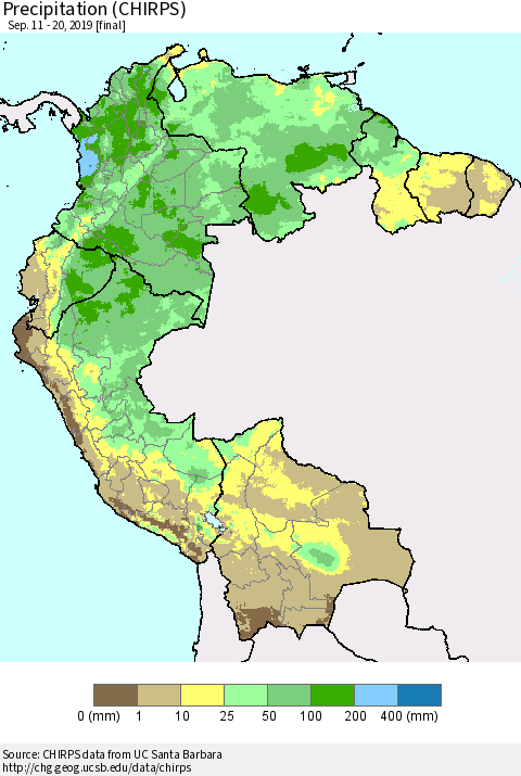 Northern South America Precipitation (CHIRPS) Thematic Map For 9/11/2019 - 9/20/2019