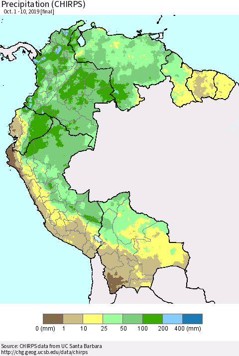 Northern South America Precipitation (CHIRPS) Thematic Map For 10/1/2019 - 10/10/2019