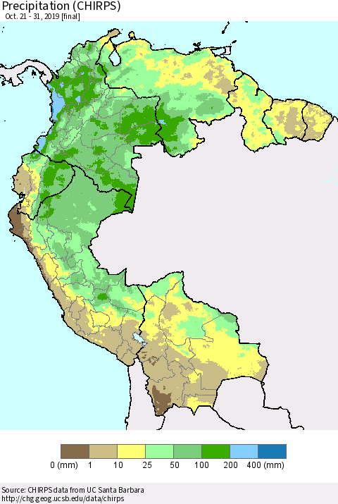 Northern South America Precipitation (CHIRPS) Thematic Map For 10/21/2019 - 10/31/2019