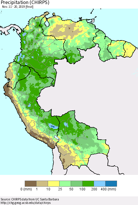 Northern South America Precipitation (CHIRPS) Thematic Map For 11/11/2019 - 11/20/2019