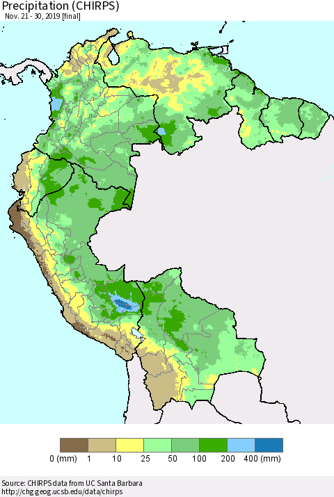 Northern South America Precipitation (CHIRPS) Thematic Map For 11/21/2019 - 11/30/2019