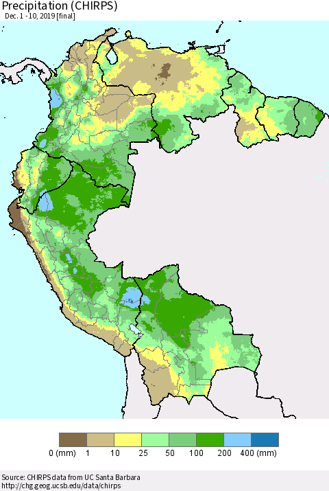 Northern South America Precipitation (CHIRPS) Thematic Map For 12/1/2019 - 12/10/2019