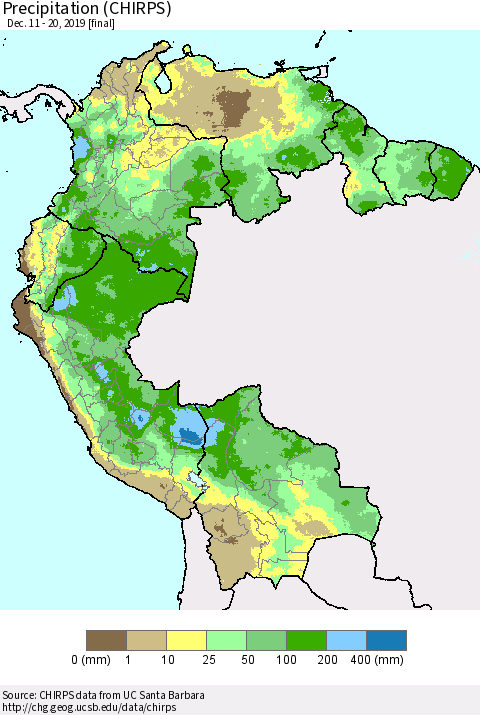 Northern South America Precipitation (CHIRPS) Thematic Map For 12/11/2019 - 12/20/2019