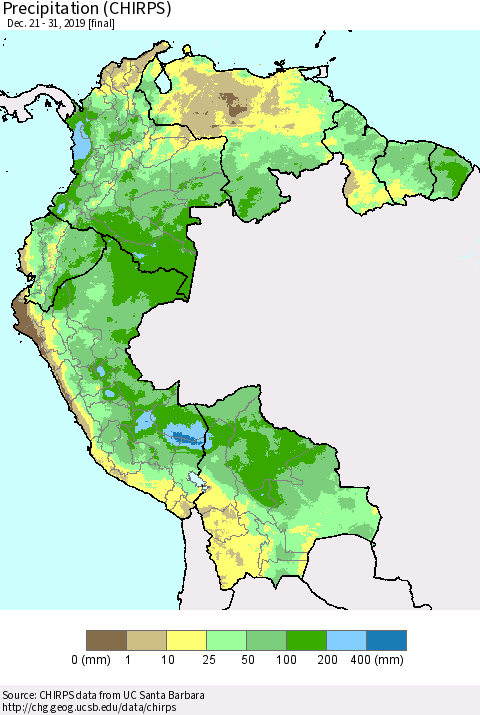 Northern South America Precipitation (CHIRPS) Thematic Map For 12/21/2019 - 12/31/2019