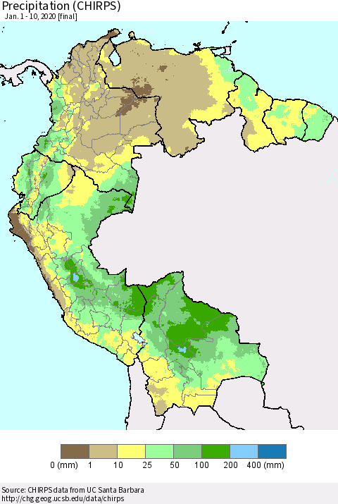 Northern South America Precipitation (CHIRPS) Thematic Map For 1/1/2020 - 1/10/2020