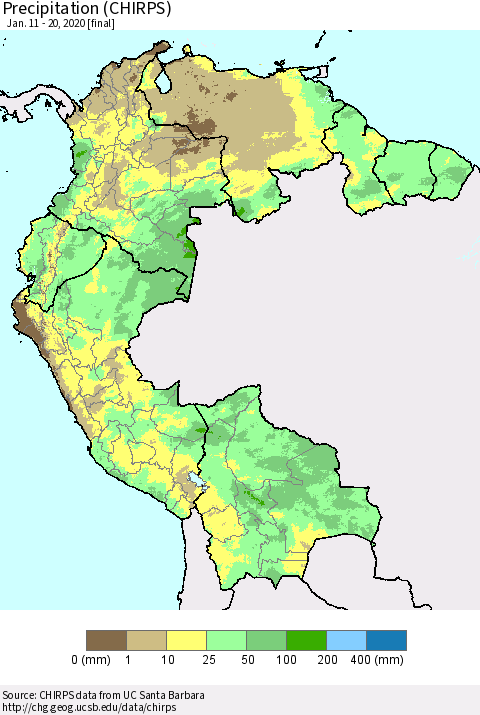 Northern South America Precipitation (CHIRPS) Thematic Map For 1/11/2020 - 1/20/2020