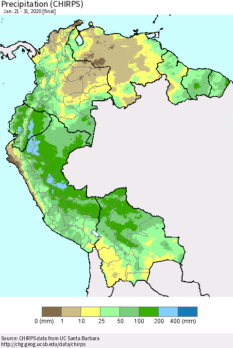 Northern South America Precipitation (CHIRPS) Thematic Map For 1/21/2020 - 1/31/2020
