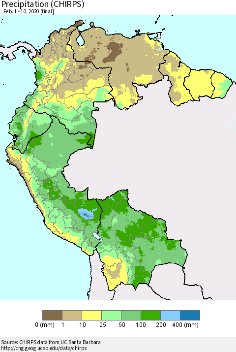 Northern South America Precipitation (CHIRPS) Thematic Map For 2/1/2020 - 2/10/2020