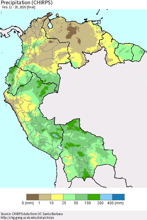 Northern South America Precipitation (CHIRPS) Thematic Map For 2/11/2020 - 2/20/2020