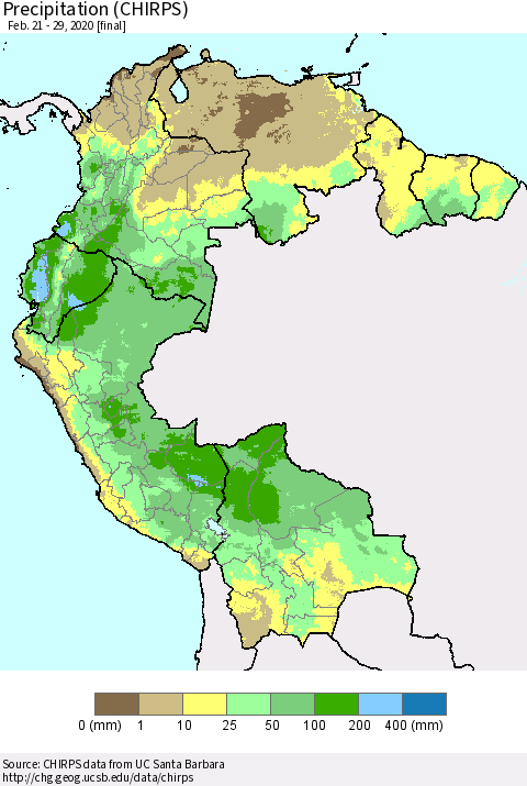 Northern South America Precipitation (CHIRPS) Thematic Map For 2/21/2020 - 2/29/2020