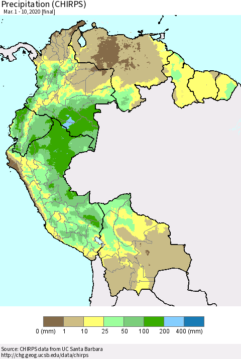 Northern South America Precipitation (CHIRPS) Thematic Map For 3/1/2020 - 3/10/2020