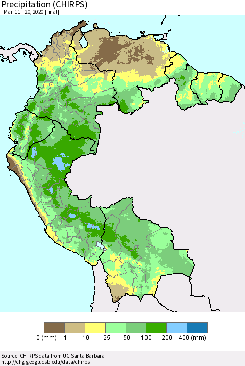 Northern South America Precipitation (CHIRPS) Thematic Map For 3/11/2020 - 3/20/2020