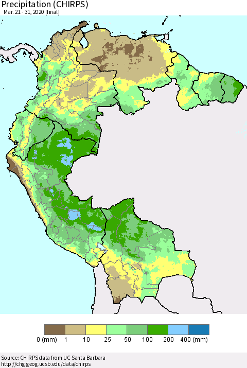 Northern South America Precipitation (CHIRPS) Thematic Map For 3/21/2020 - 3/31/2020
