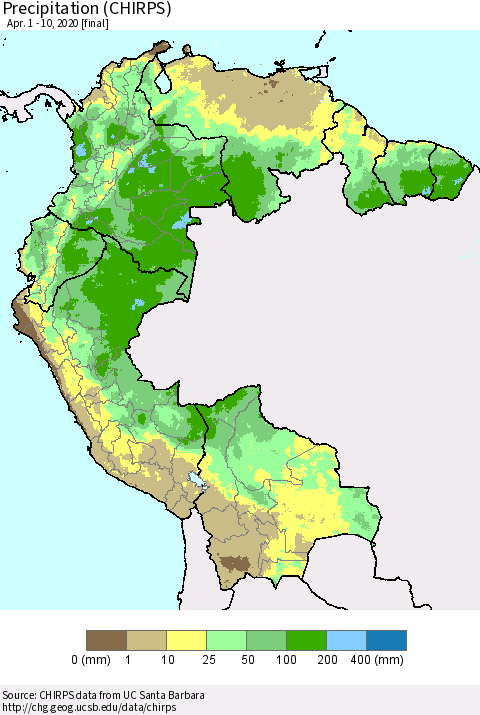 Northern South America Precipitation (CHIRPS) Thematic Map For 4/1/2020 - 4/10/2020