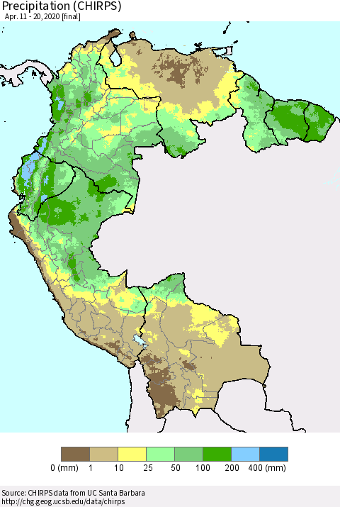 Northern South America Precipitation (CHIRPS) Thematic Map For 4/11/2020 - 4/20/2020
