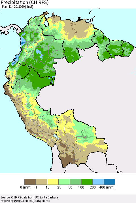 Northern South America Precipitation (CHIRPS) Thematic Map For 5/11/2020 - 5/20/2020
