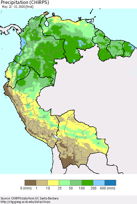 Northern South America Precipitation (CHIRPS) Thematic Map For 5/21/2020 - 5/31/2020