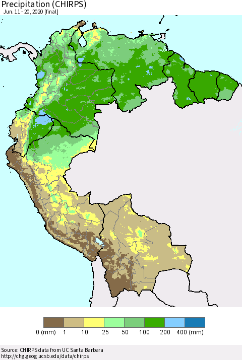 Northern South America Precipitation (CHIRPS) Thematic Map For 6/11/2020 - 6/20/2020