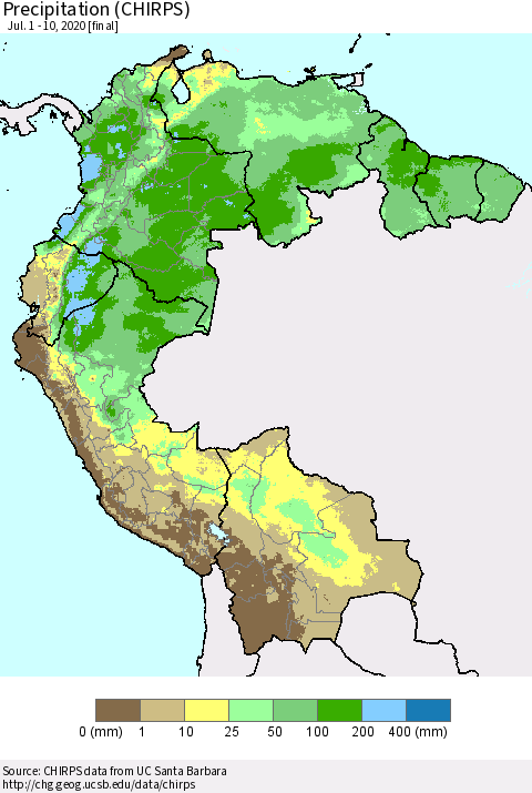 Northern South America Precipitation (CHIRPS) Thematic Map For 7/1/2020 - 7/10/2020