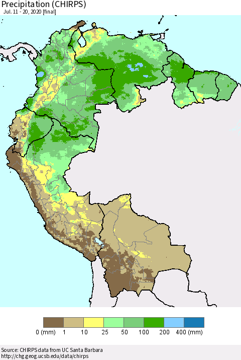 Northern South America Precipitation (CHIRPS) Thematic Map For 7/11/2020 - 7/20/2020