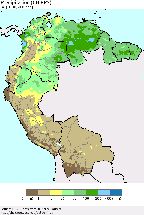 Northern South America Precipitation (CHIRPS) Thematic Map For 8/1/2020 - 8/10/2020