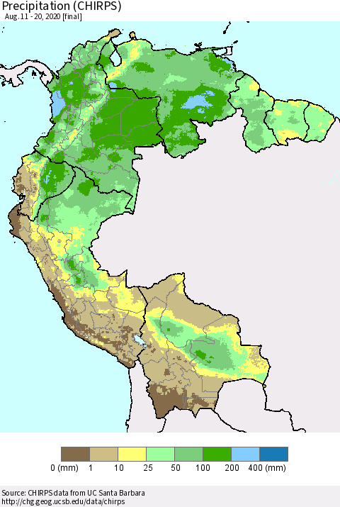 Northern South America Precipitation (CHIRPS) Thematic Map For 8/11/2020 - 8/20/2020
