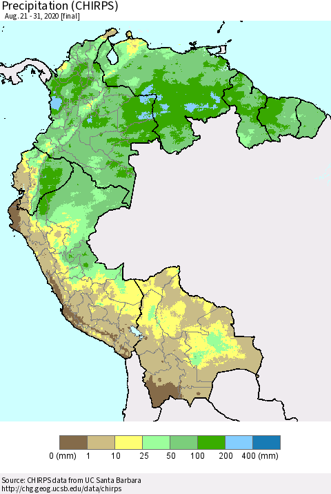 Northern South America Precipitation (CHIRPS) Thematic Map For 8/21/2020 - 8/31/2020