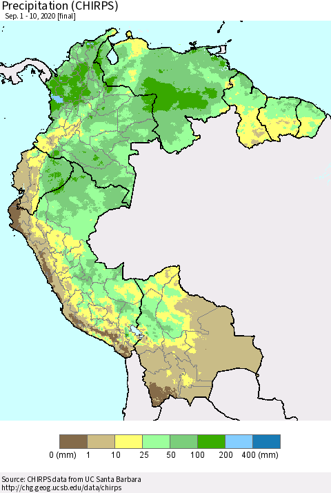 Northern South America Precipitation (CHIRPS) Thematic Map For 9/1/2020 - 9/10/2020