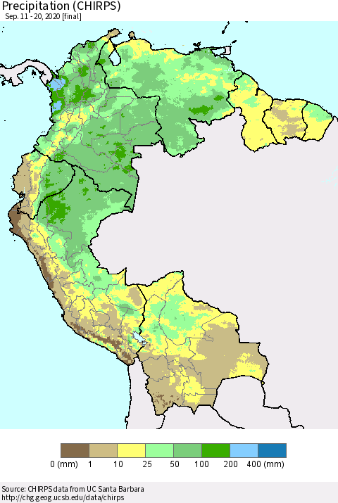Northern South America Precipitation (CHIRPS) Thematic Map For 9/11/2020 - 9/20/2020