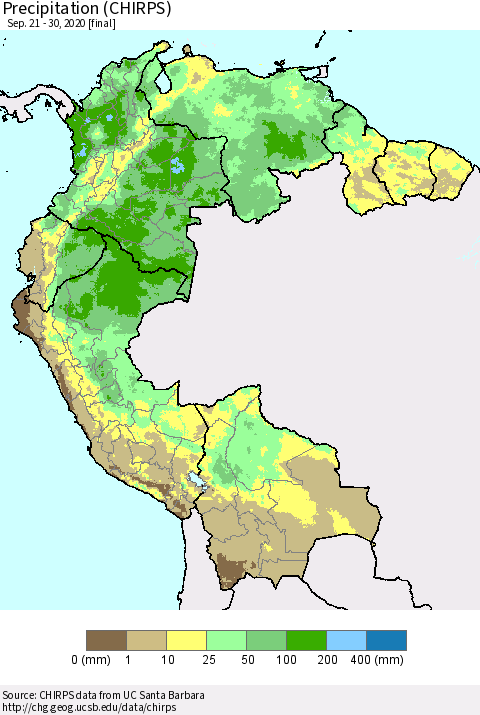 Northern South America Precipitation (CHIRPS) Thematic Map For 9/21/2020 - 9/30/2020